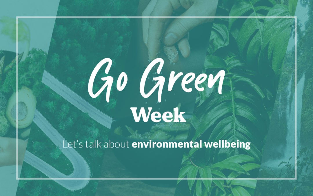 A green graphic with food and trees in the background, and text that says 'Go Green Week Let's talk about environmental wellbeing'