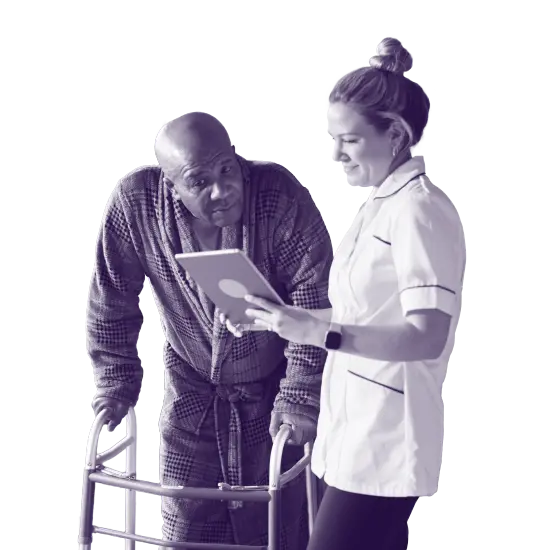 Nurse showing details on a tablet to an elderly person